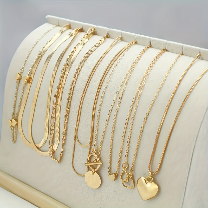 10pcs Vintage Luxury Necklace Set, Heart & Geometric Pendants, Snake Chains & OT Clasp, Alloy, for Daily Wear & Parties, Ideal Valentine'S Day Gift, All-Season Jewelry Collection